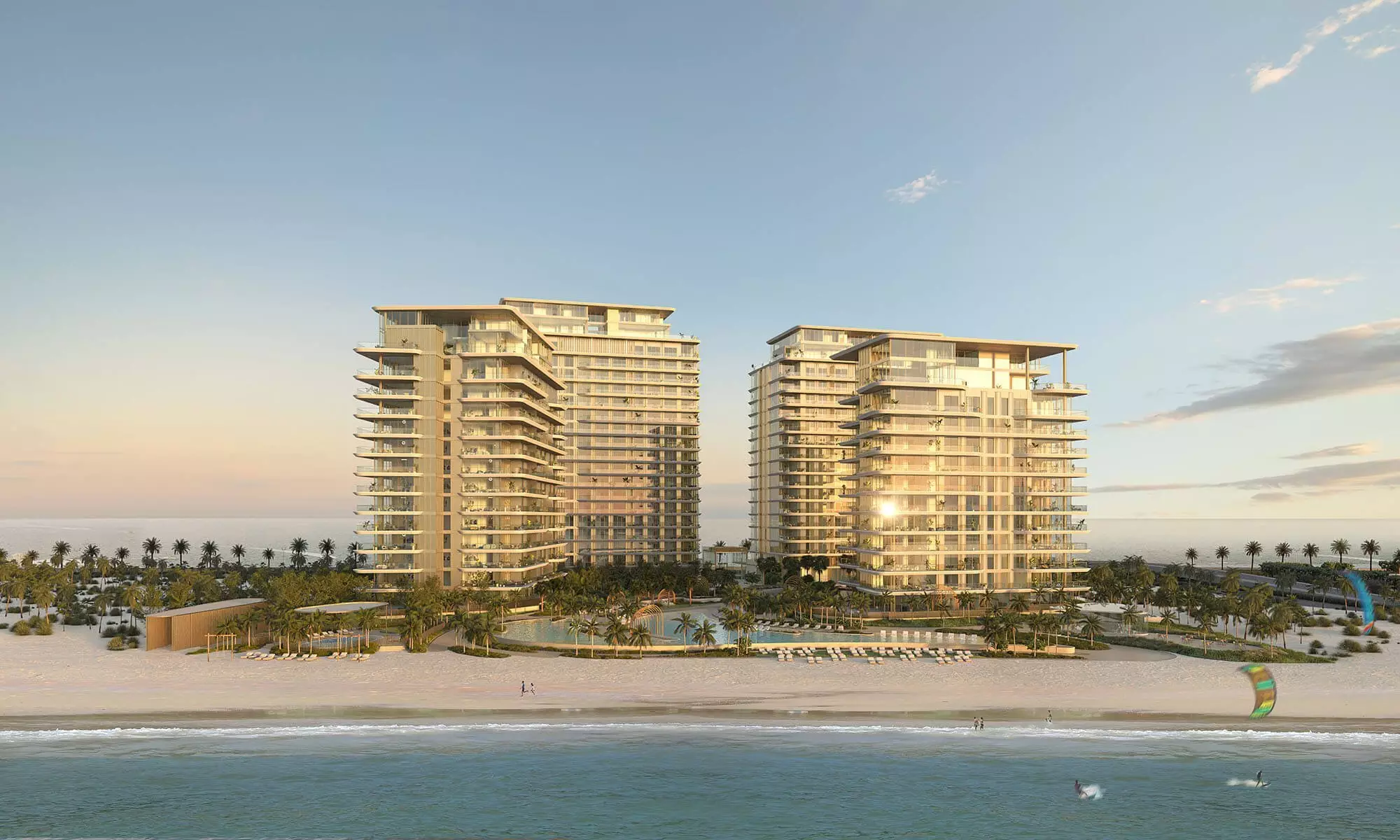 Beachfront twin towers resort, 3D rendering company USA, pool, sand and ocean view