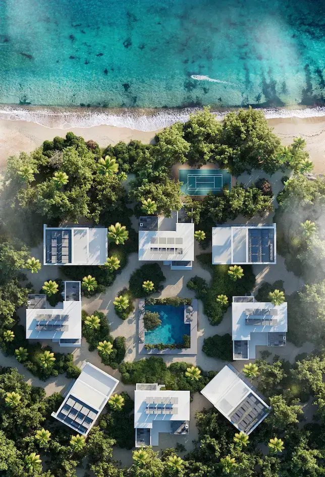 Beach resort aerial with villas and pool by clear water, ai rendering for architects