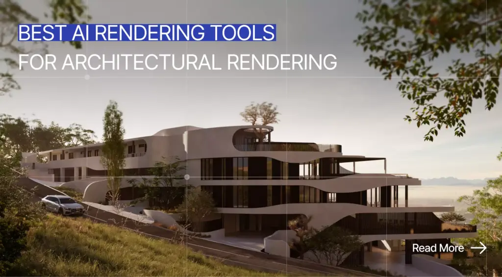 Banner with modern villa and text about best ai rendering tools for architectural rendering