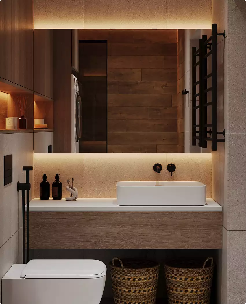 Bathroom vanity with sink, mirror lighting and wood accents, black apartment design