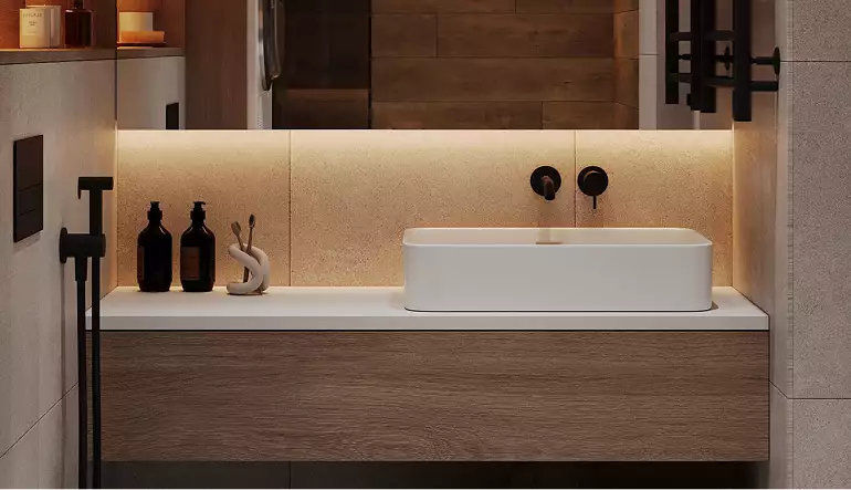 Bathroom vanity with sink, mirror and warm lighting, minimal decor, black apartment design