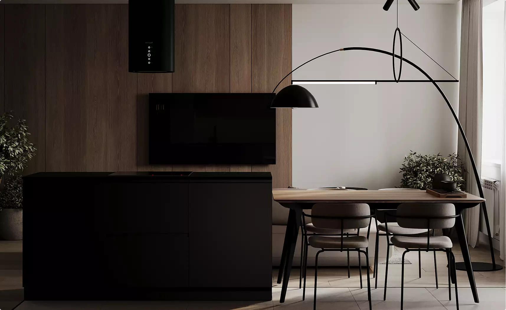 Dark modern kitchen and dining area with wood panels, black cabinets and arc lamp, black apartment design