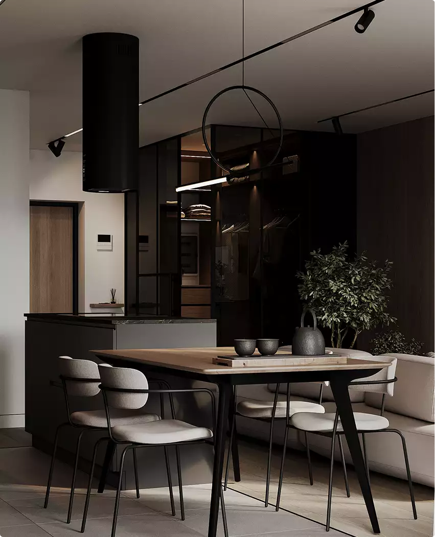 Dining area with wood table, chairs and pendant light near glass partition, black apartment design