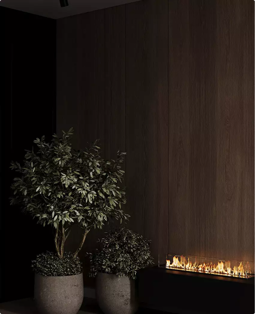 Modern fireplace with wood wall panels and potted plants in dark interior, black apartment design