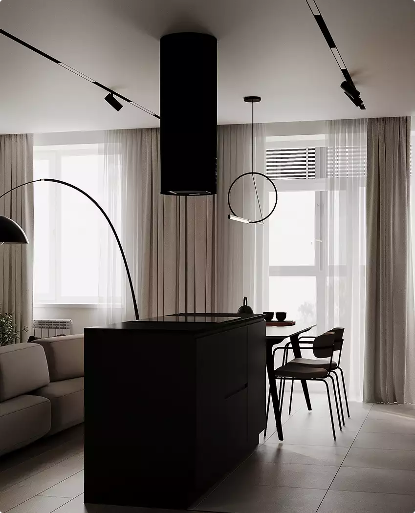 Kitchen island with black cabinetry and large windows with curtains, black apartment design