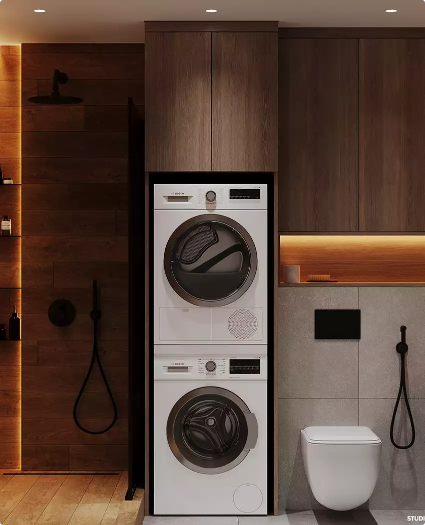 Laundry and bathroom space with washer dryer and walk in shower, black apartment design