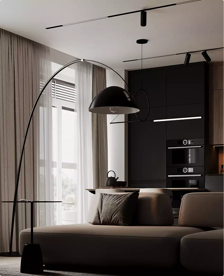 Living room with sofa, arc floor lamp and kitchen in background, black apartment design