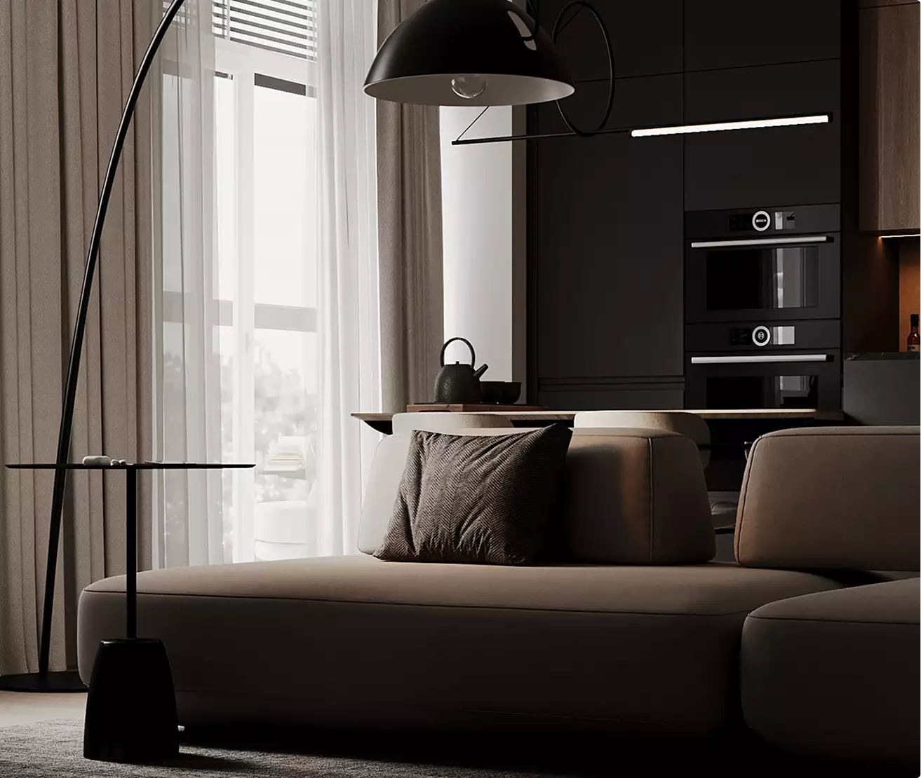 Living room sofa with cushion and floor lamp near window light, black apartment design