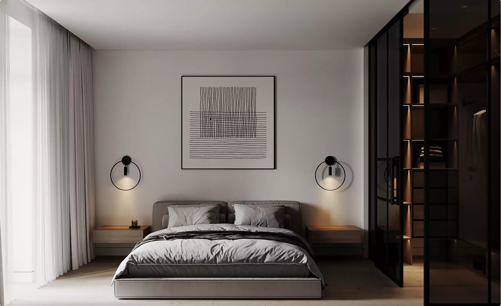 Minimal bedroom with low bed, wall lights and glass wardrobe, neutral tones, black apartment design