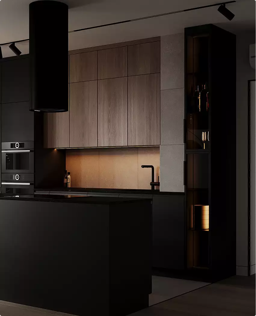 Minimal kitchen with black cabinets, wood panels and warm under cabinet lighting, black apartment design