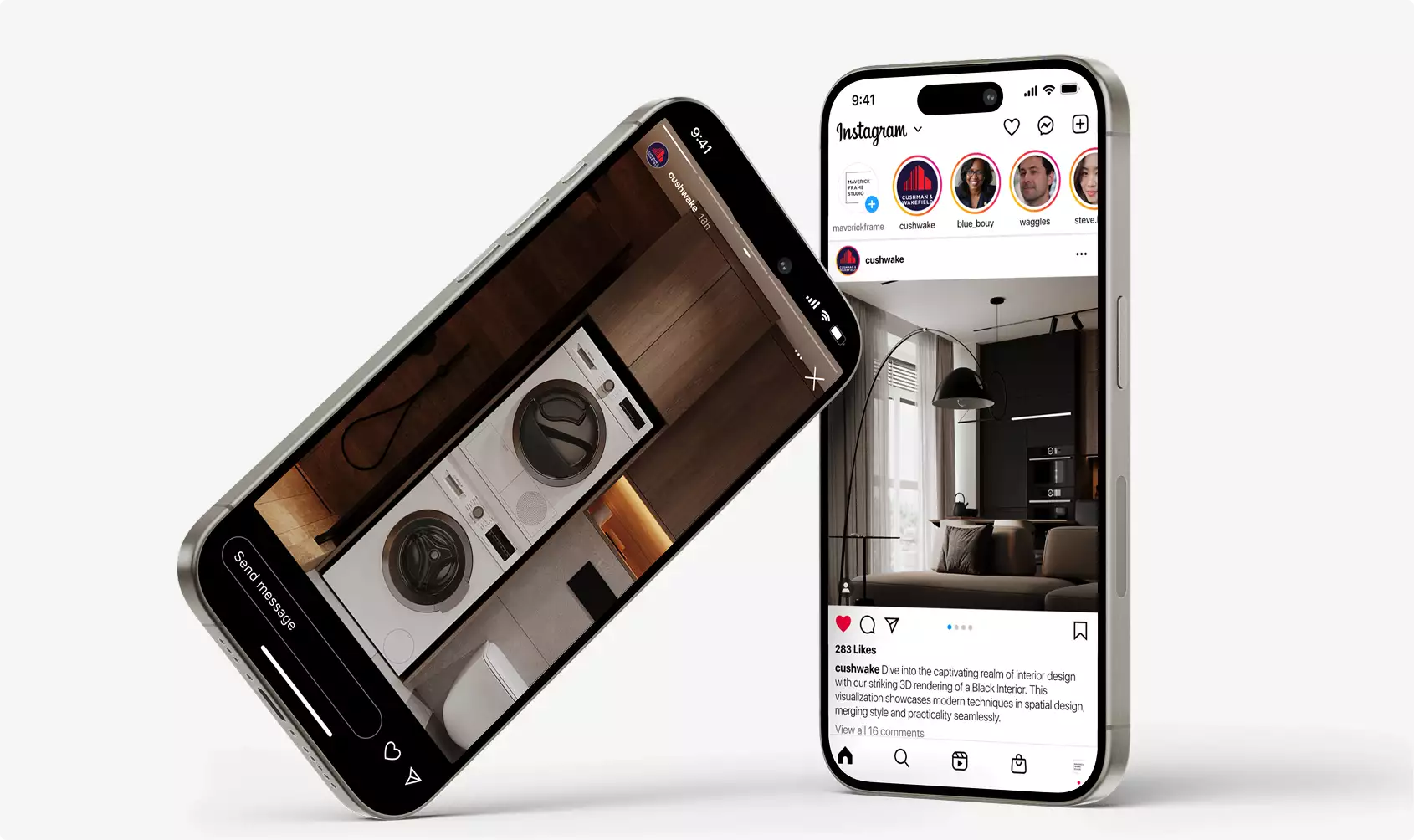 Smartphones showing interior design posts and app interface, black apartment design