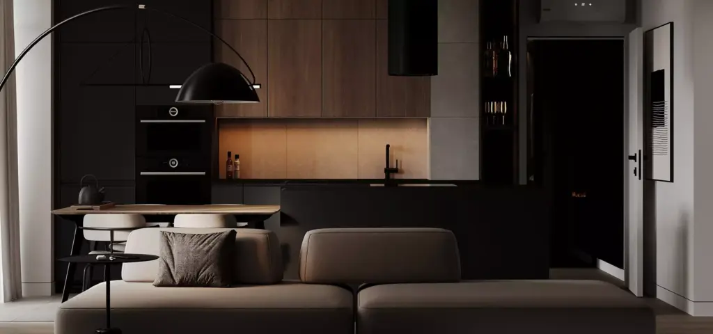 Open living room and kitchen with sofa, wood cabinets and soft lighting, black apartment design