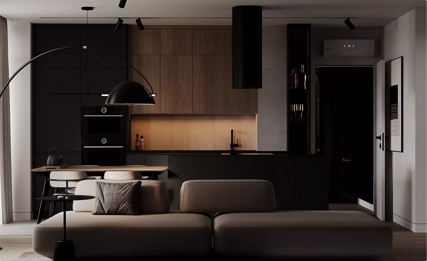Wide view of living room and kitchen with sofa and dark cabinetry, black apartment design
