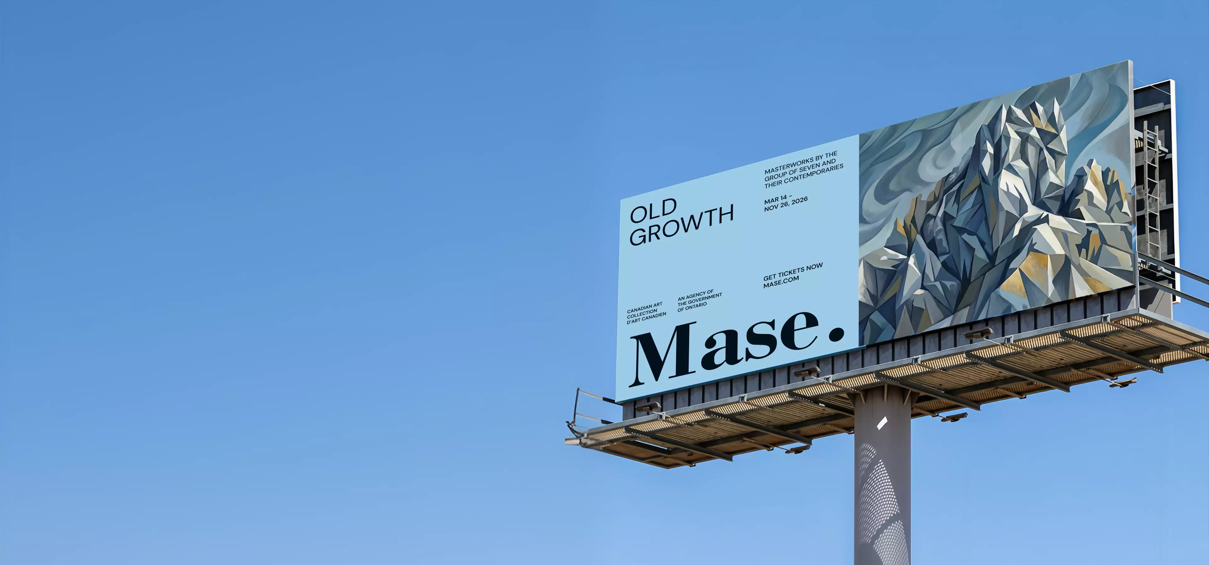 Branding billboard for art exhibition with mountain artwork and large Mase logo against blue sky