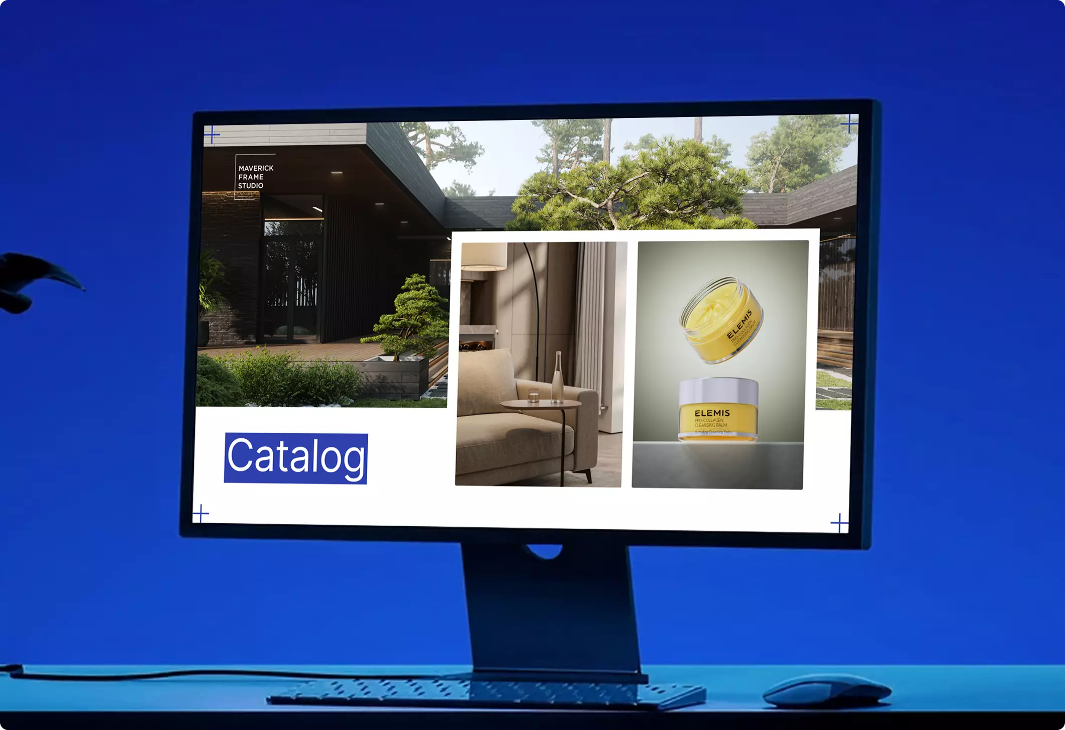 Computer monitor showing catalog cover with house exterior, living room, and skincare jars on blue background