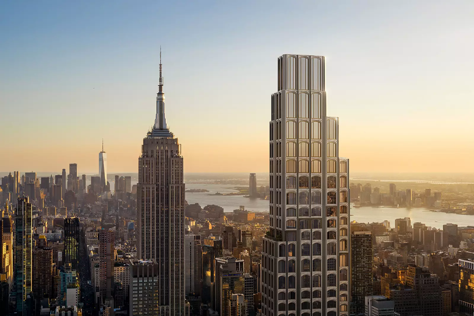 City skyline with tall towers, 3D rendering company USA, sunset light and dense buildings