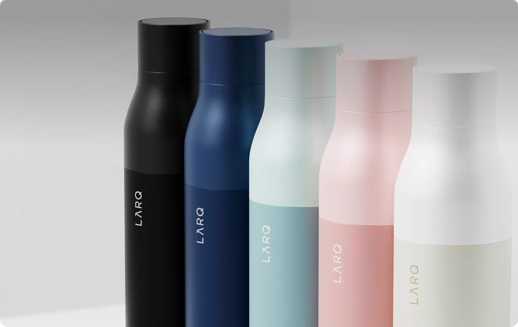 Color and finish variations reusable bottles in black blue pink and white lineup