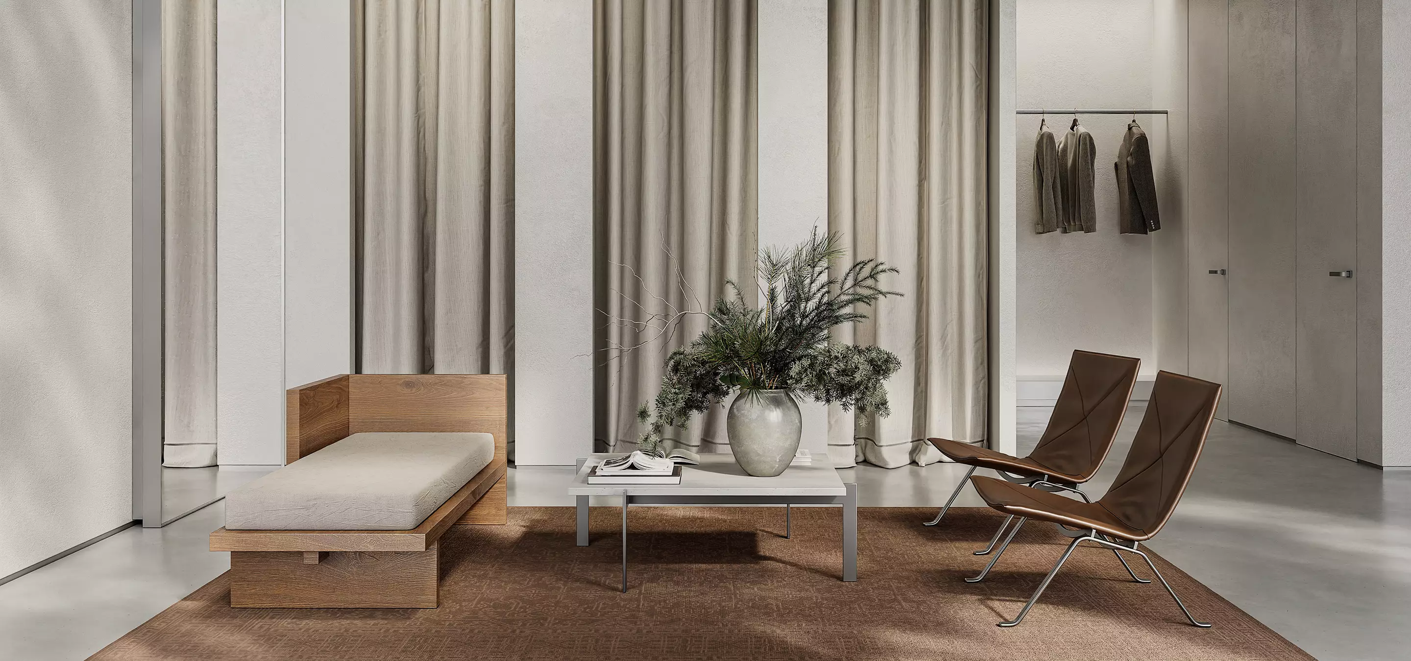 Commercial 3d rendering of a minimalist lounge with wood daybed, brown chairs, coffee table, and tall drapes