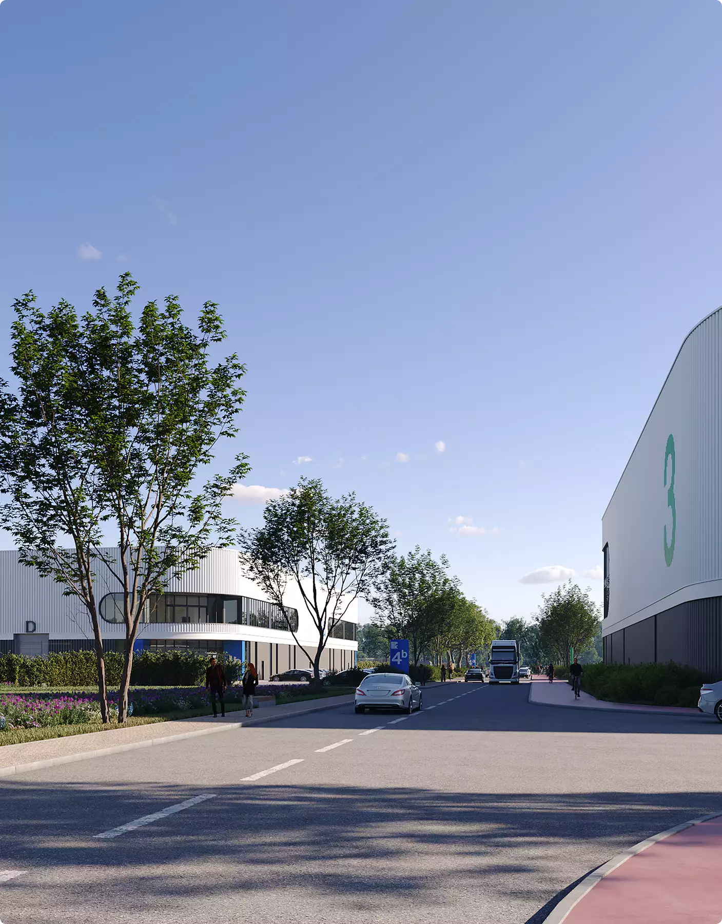 Commercial 3D rendering portfolio showing an industrial business park street with modern warehouses