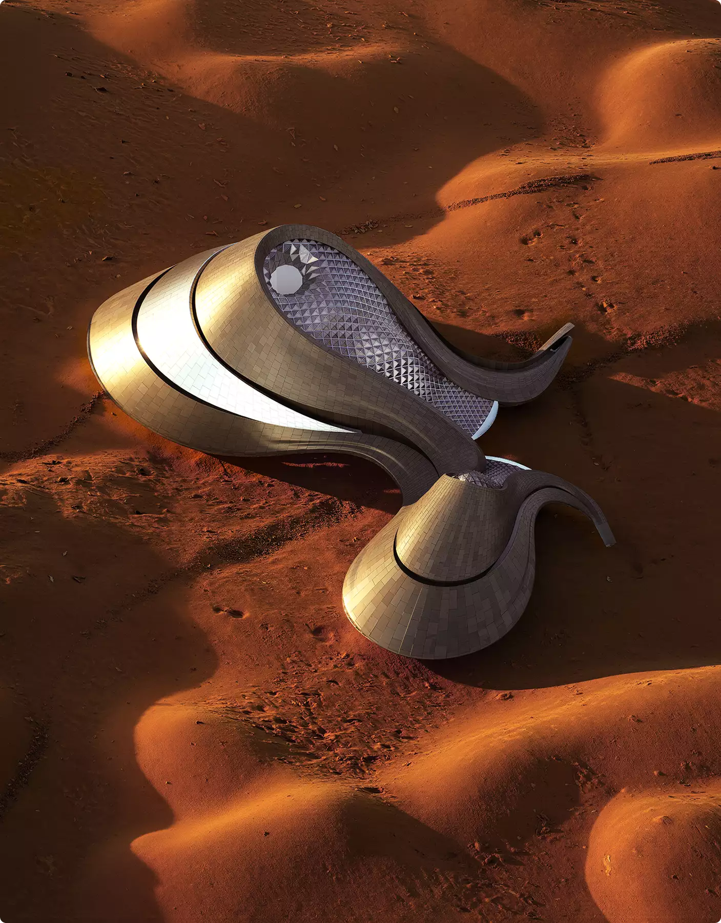 Commercial 3D rendering portfolio featuring a futuristic desert building among red sand dunes