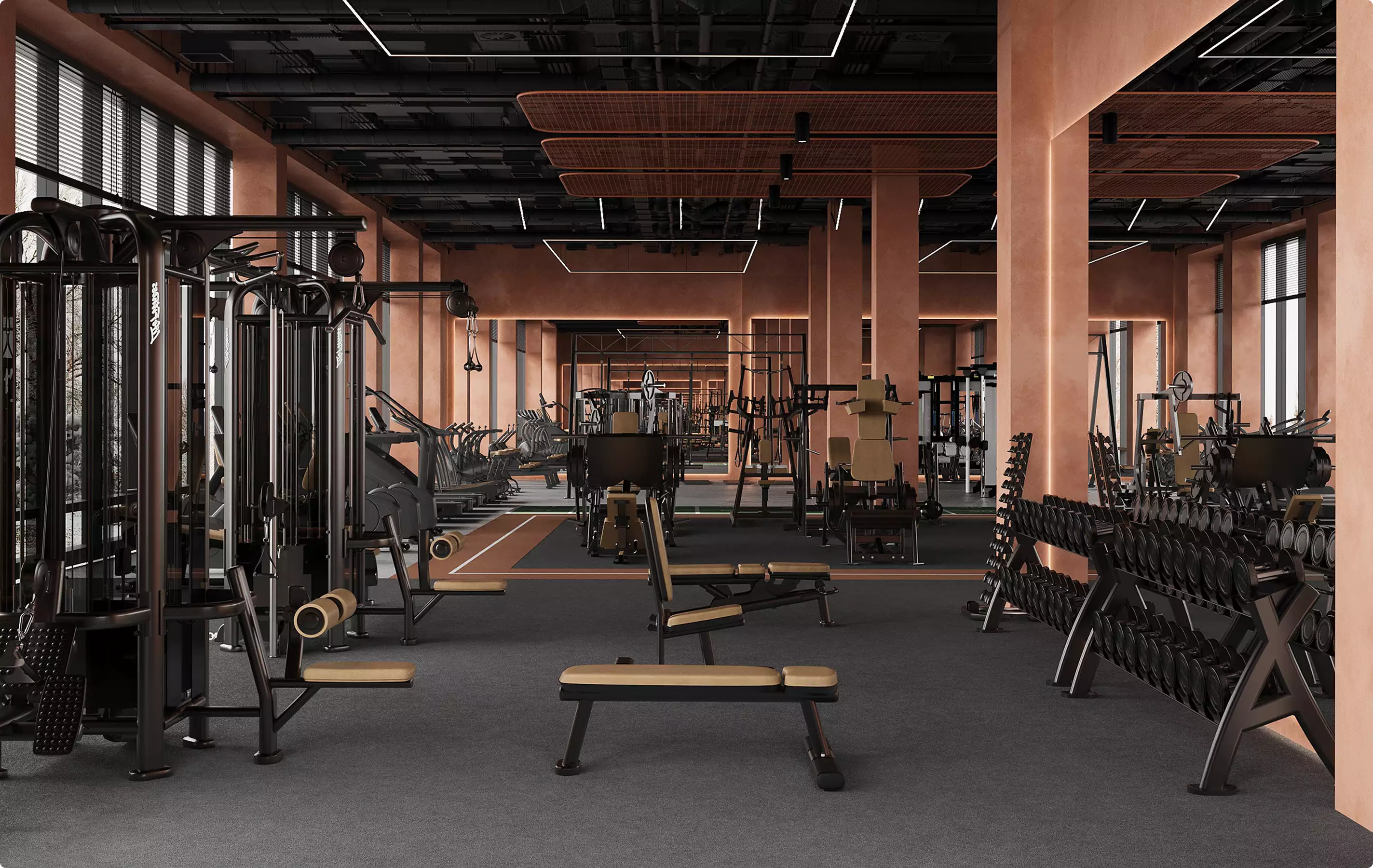 Commercial 3D rendering portfolio of a large fitness center with weights and gym machines