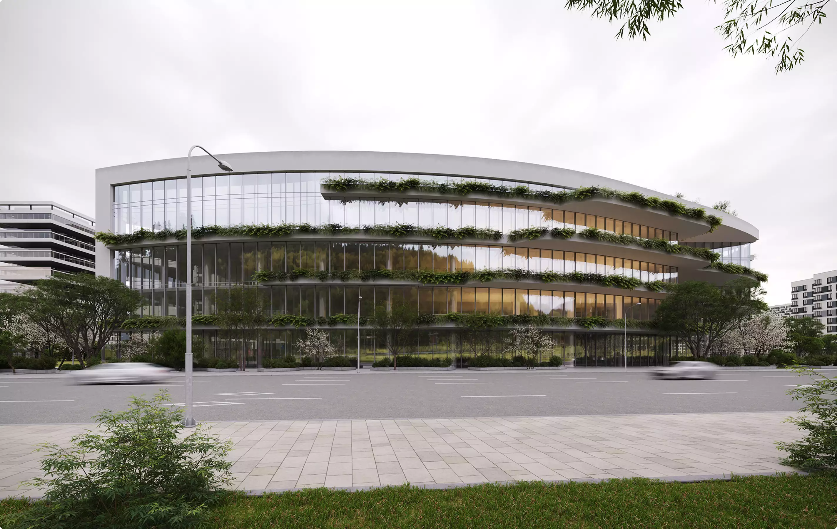 Commercial 3D rendering portfolio of a curved glass office building with layered greenery