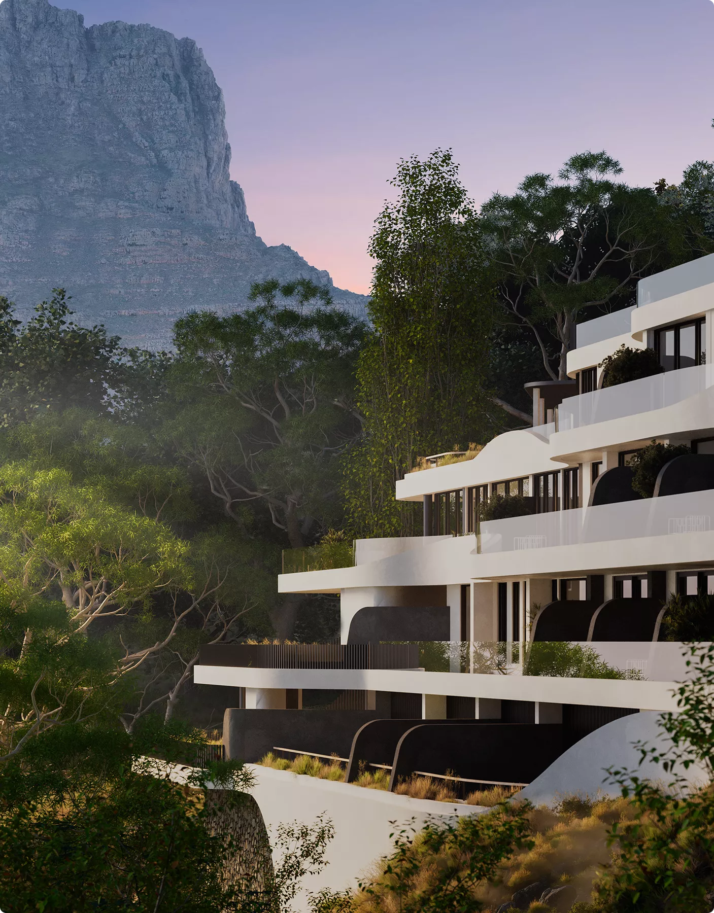 Commercial 3D rendering portfolio of a modern hillside residence framed by trees and mountains