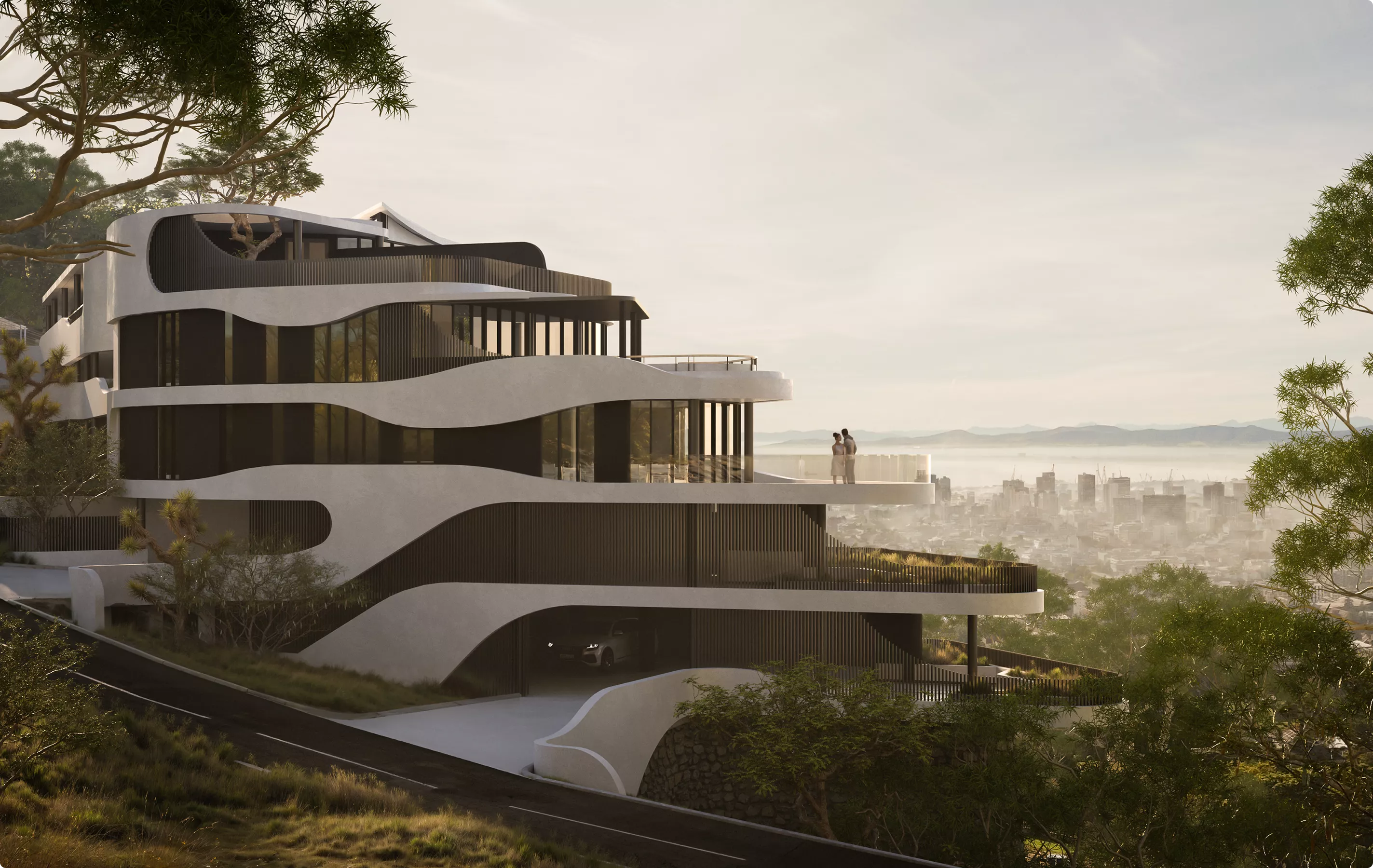 Commercial 3D rendering portfolio of a curved hillside villa overlooking a distant city skyline