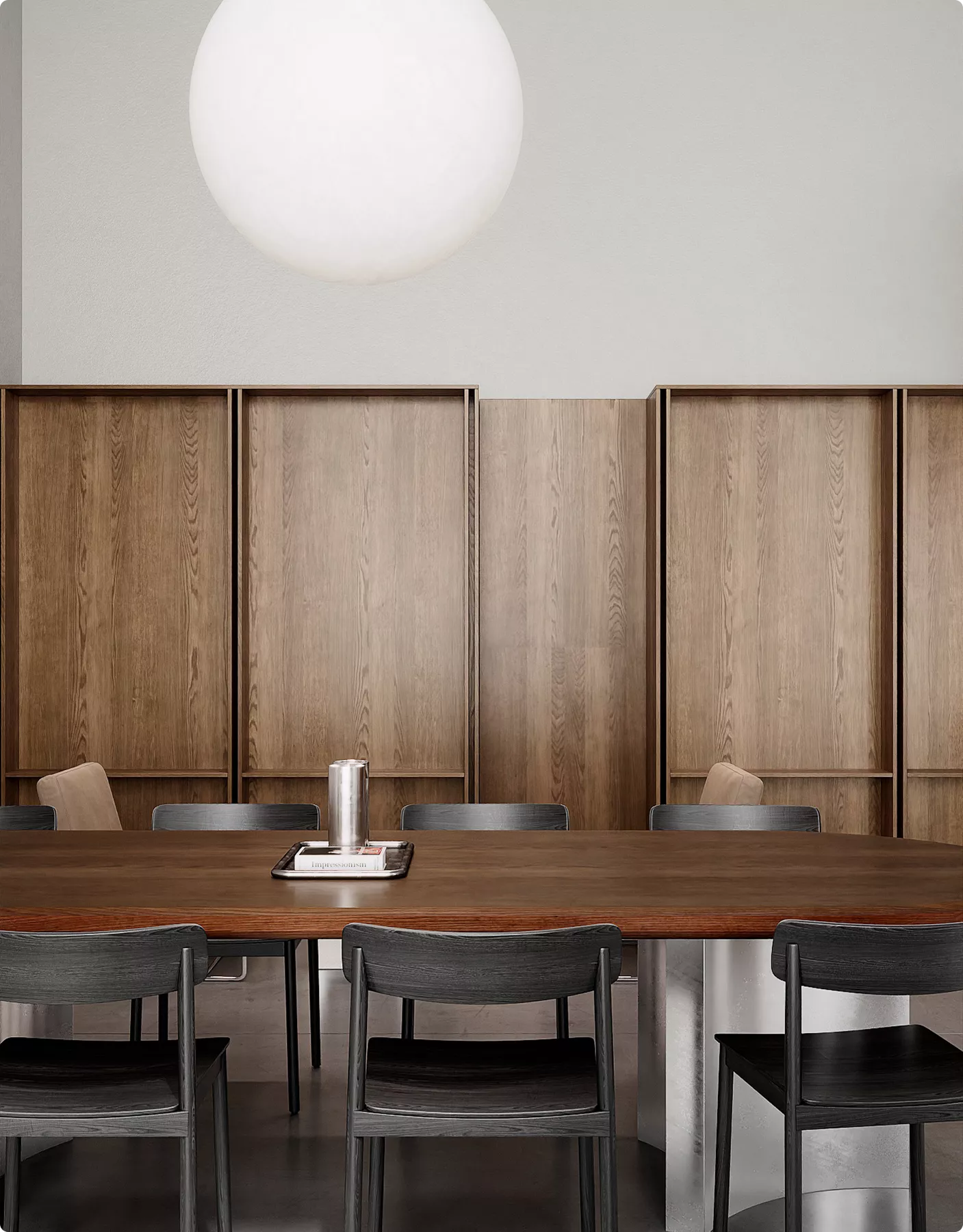 Commercial 3D rendering portfolio of a minimalist dining area with dark wood table and pendant light