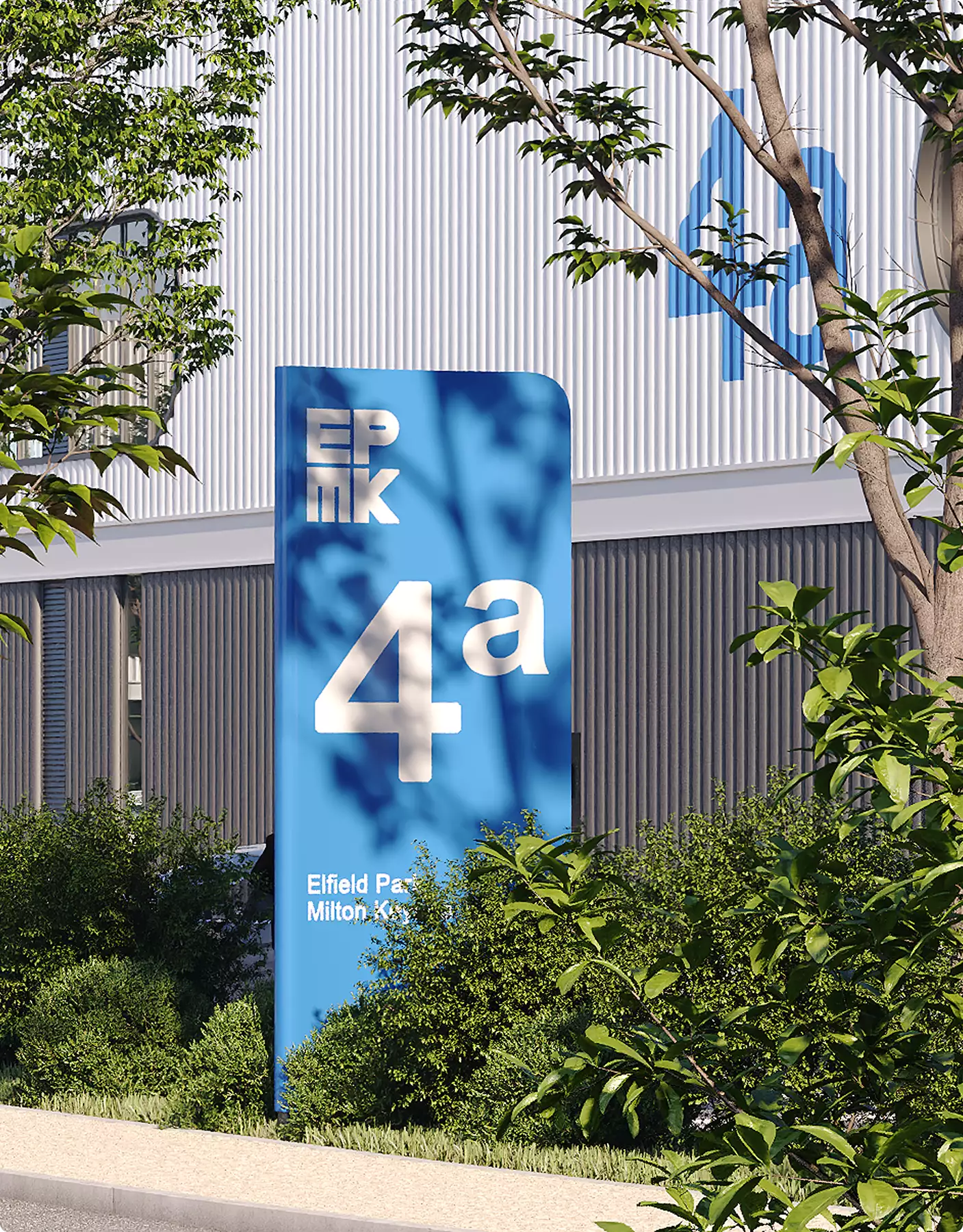 Commercial 3D rendering portfolio featuring blue wayfinding signage beside landscaped commercial buildings