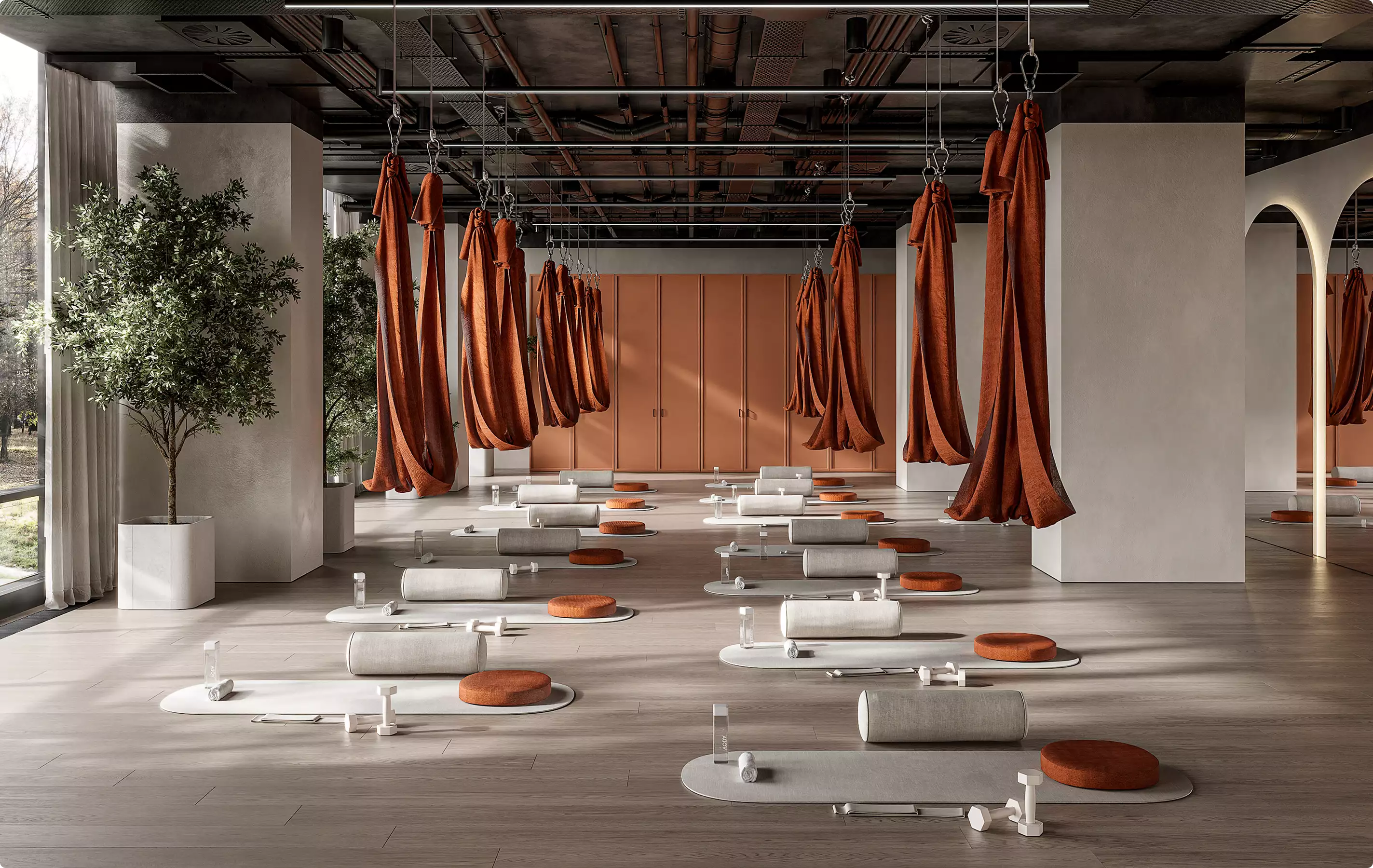 Commercial 3D rendering portfolio of a modern wellness studio with suspended fabric hammocks