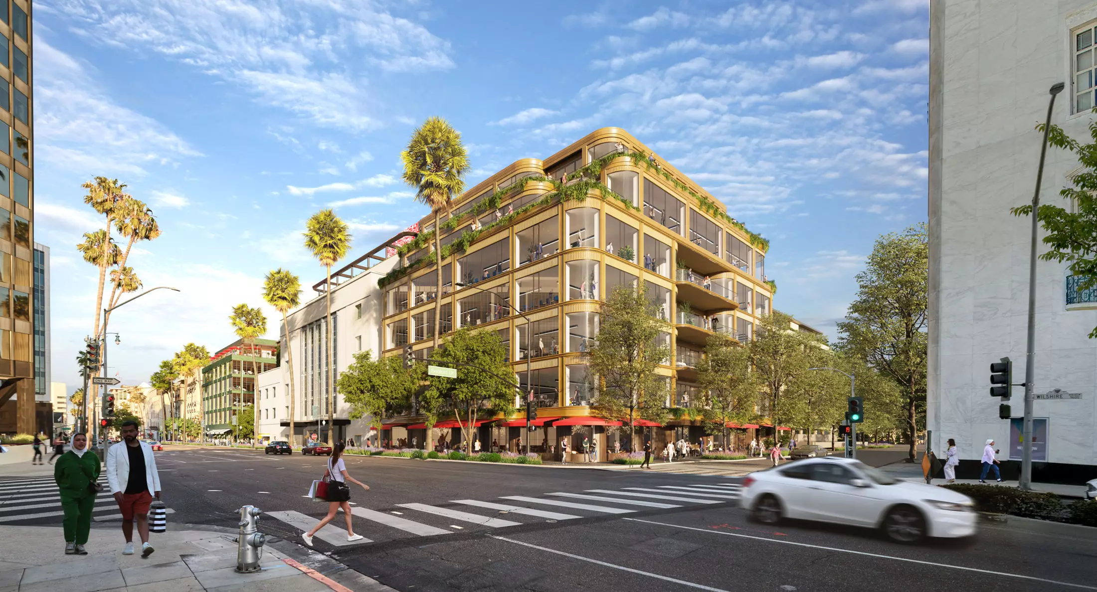 Corner commercial building street view, 3D rendering company USA, palm trees and pedestrians