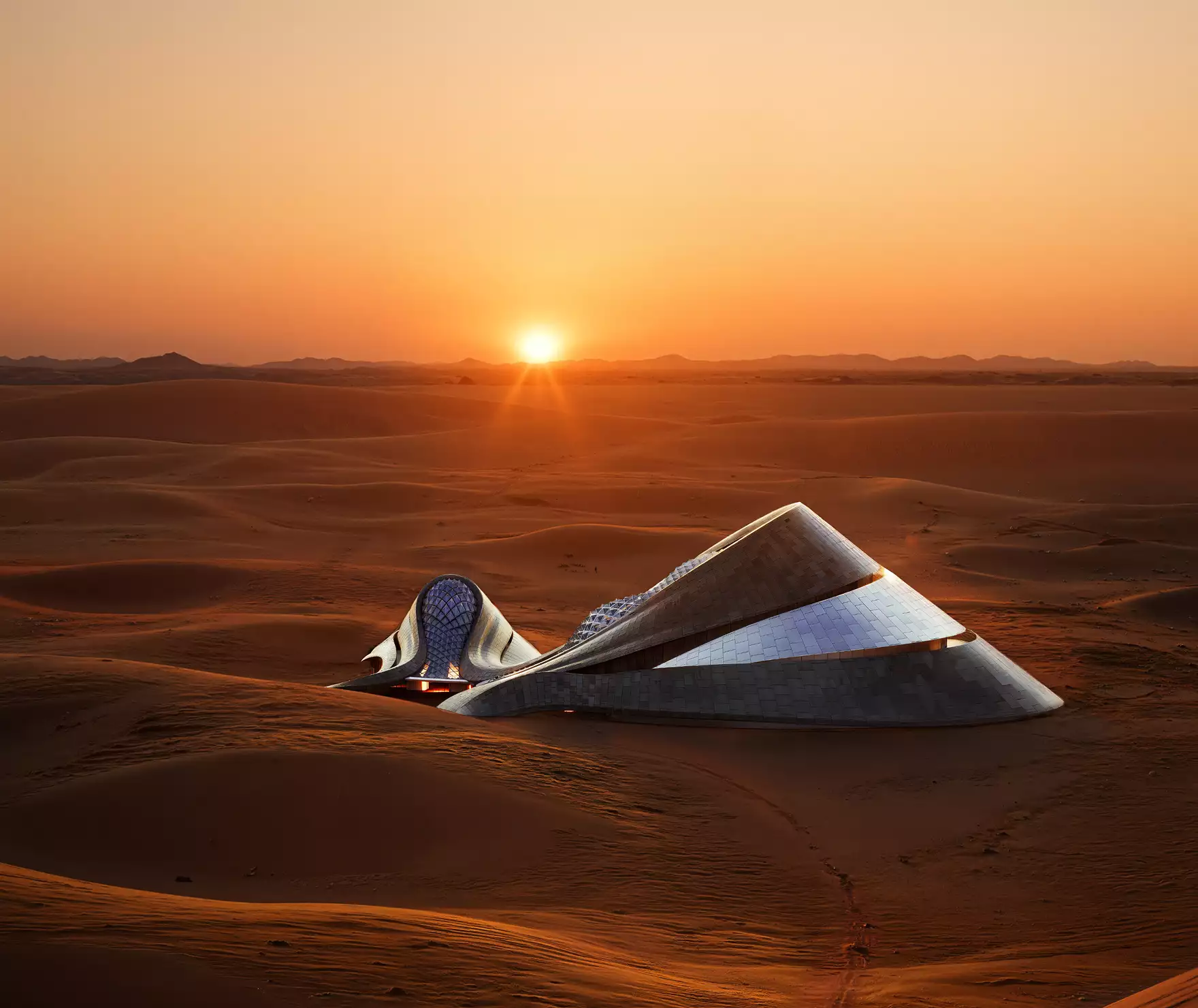 Side view of desert hotel 3D rendering at sunset with sleek layered structure in dunes