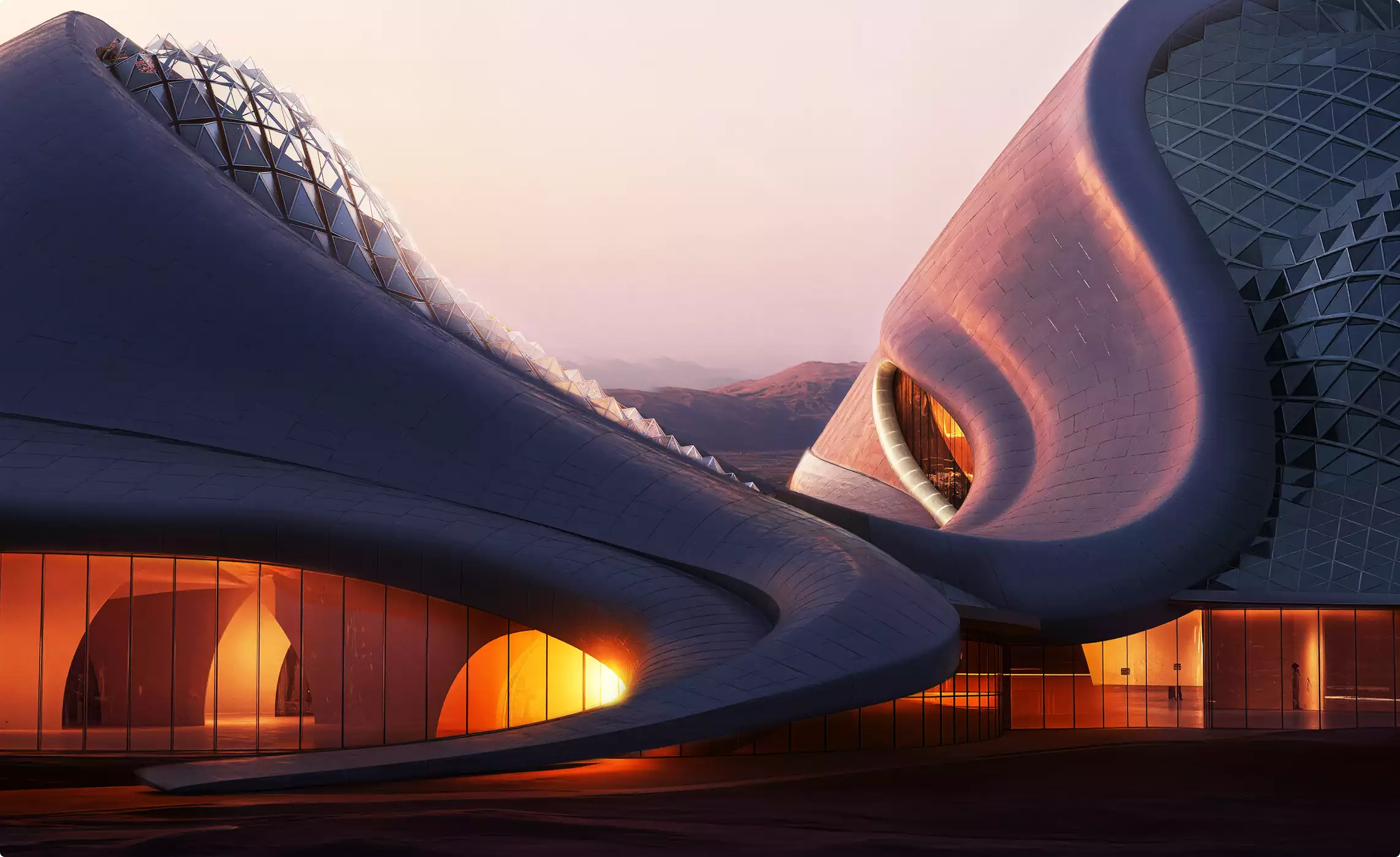 Close view of desert resort visualization with curved facade and glowing interior windows