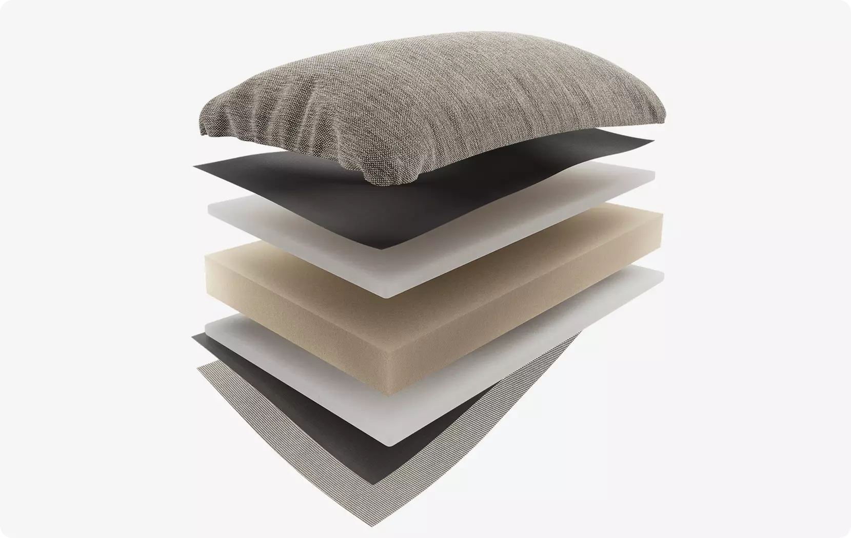 Exploded view layered cushion showing fabric foam and support materials separated