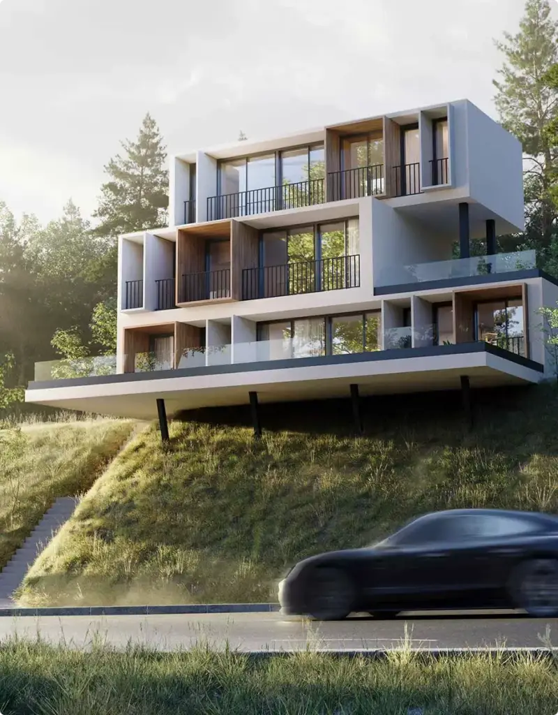Exterior view of a modern hillside house with cantilevered balconies and forest surroundings