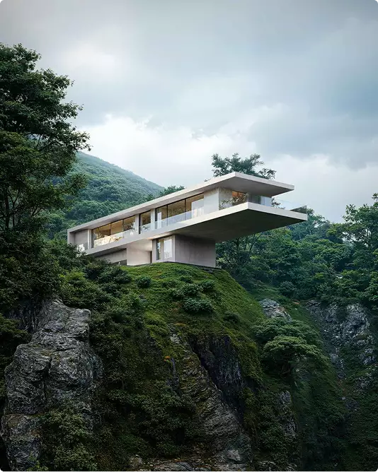 Exterior rendering services for a cantilevered modern house on a rocky forest cliff