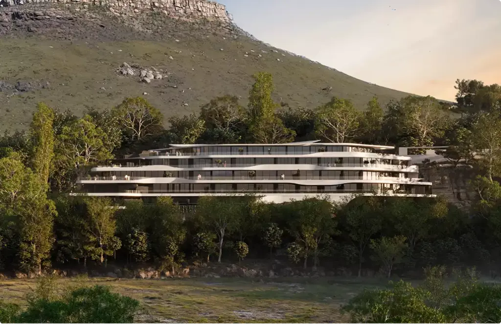 Exterior rendering services for a curved residential building at the base of a mountain