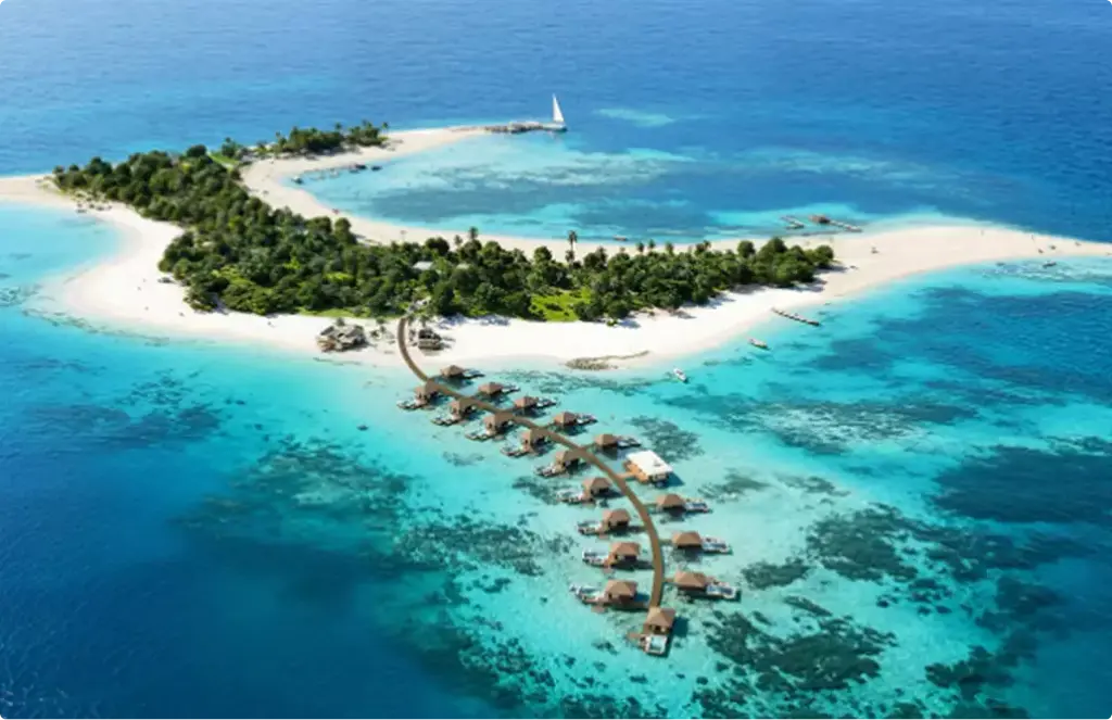 Exterior rendering services for a tropical island resort with overwater villas and turquoise lagoon