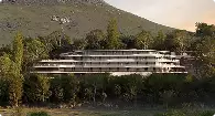 Exterior rendering services for a terraced hillside building surrounded by trees and mountains