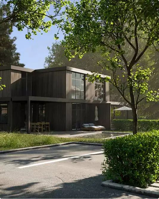 Exterior rendering services for a modern wood-clad house framed by trees and soft sunlight