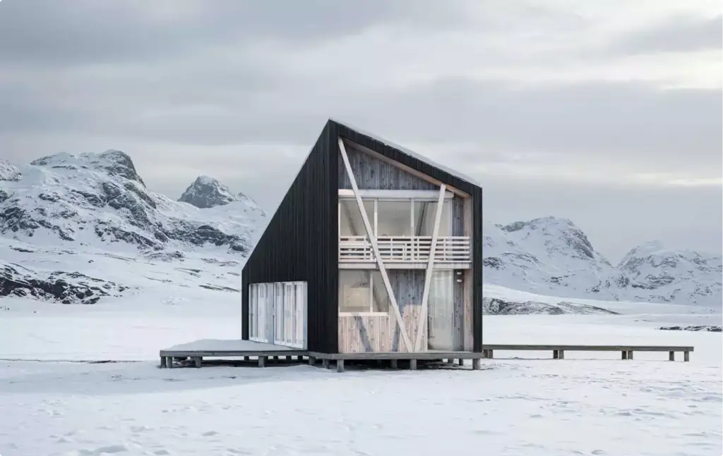 Modern cabin exterior rendering in snow with wooden facade, glass front, and mountain backdrop