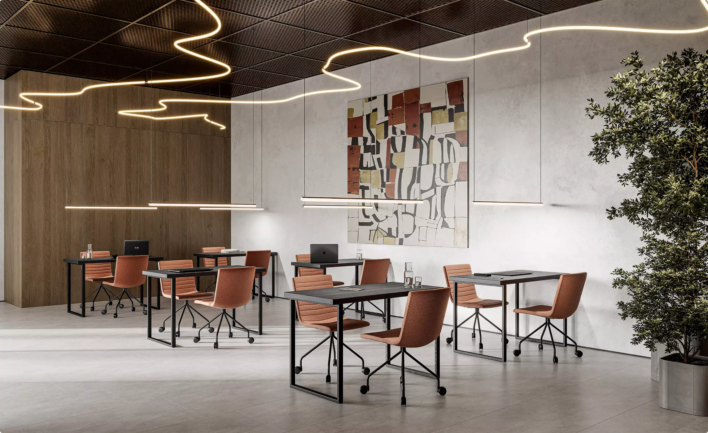 Meeting area fitness center architectural design with desks, chairs, and abstract wall art