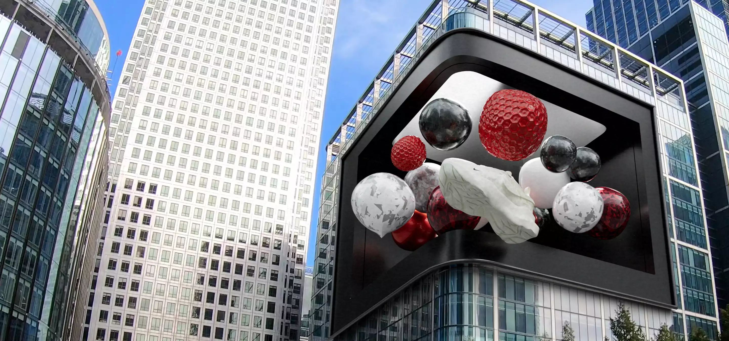 Fooh ads on a curved 3D billboard between glass towers, showing red, white, and black floating spheres
