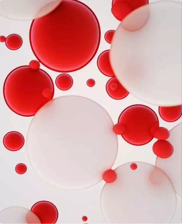 Fooh ads concept with red and white floating spheres on a white background.