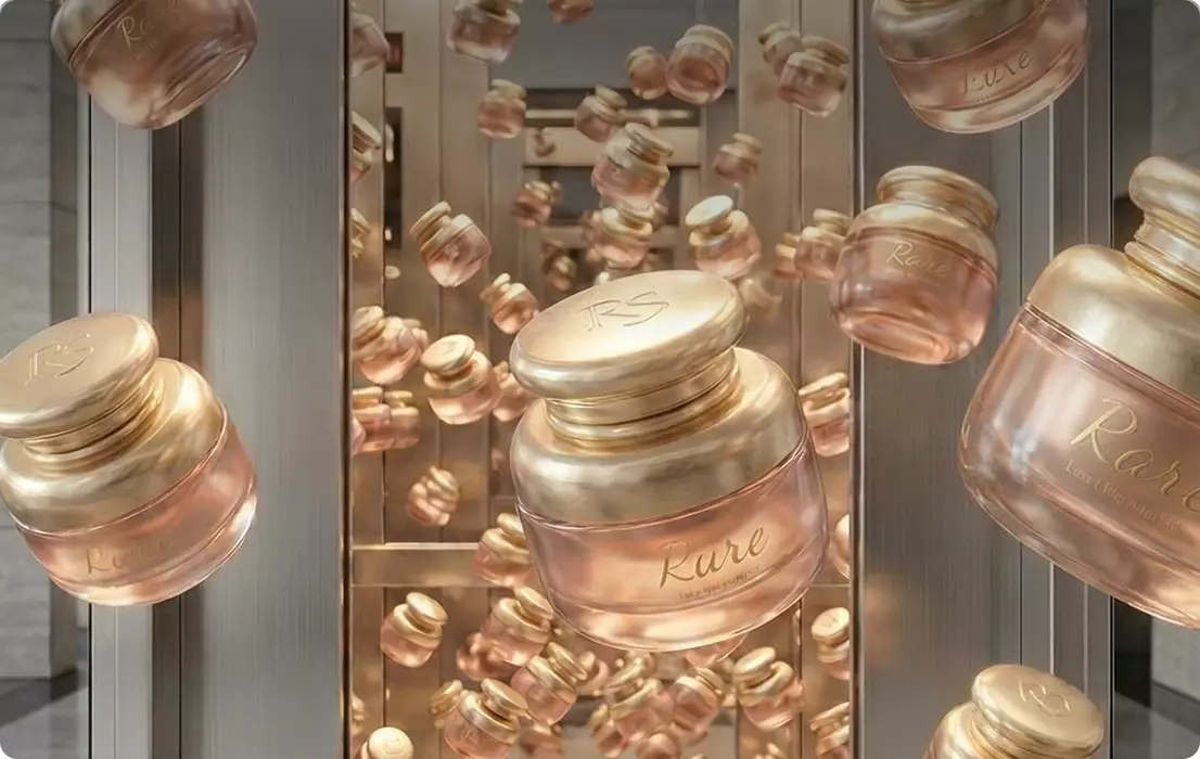 Fooh advertising with floating cosmetic jars in storefront display, reflective panels, repeated product visuals