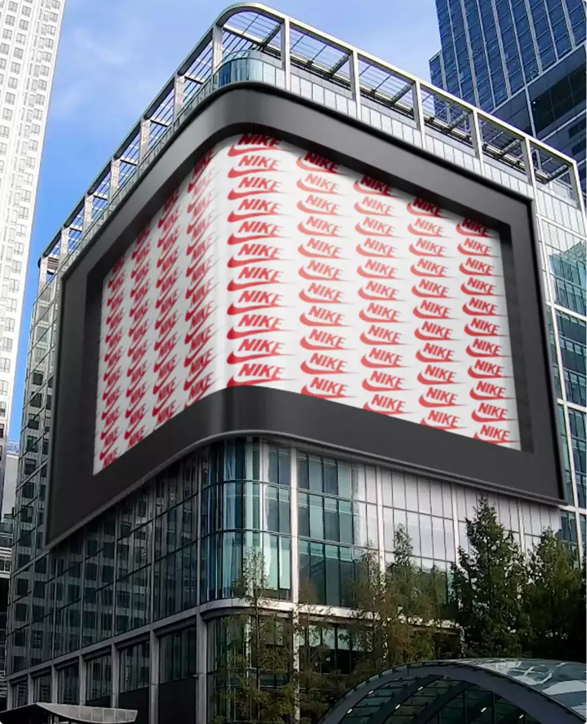 Fooh advertising on a curved billboard with a repeating red Nike logo pattern across both display face