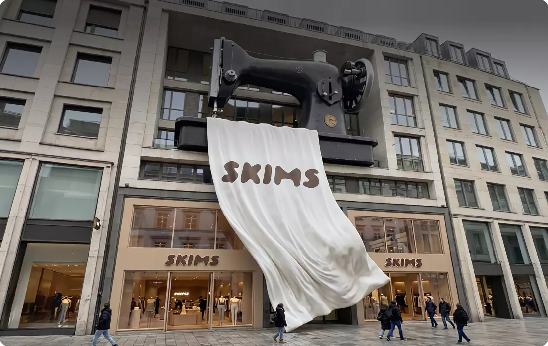 Fooh advertising of oversized sewing machine on building facade with fabric banner and storefront below