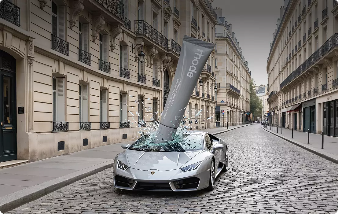 Fooh advertising with oversized tube crashing through car windshield on city street with broken glass effect