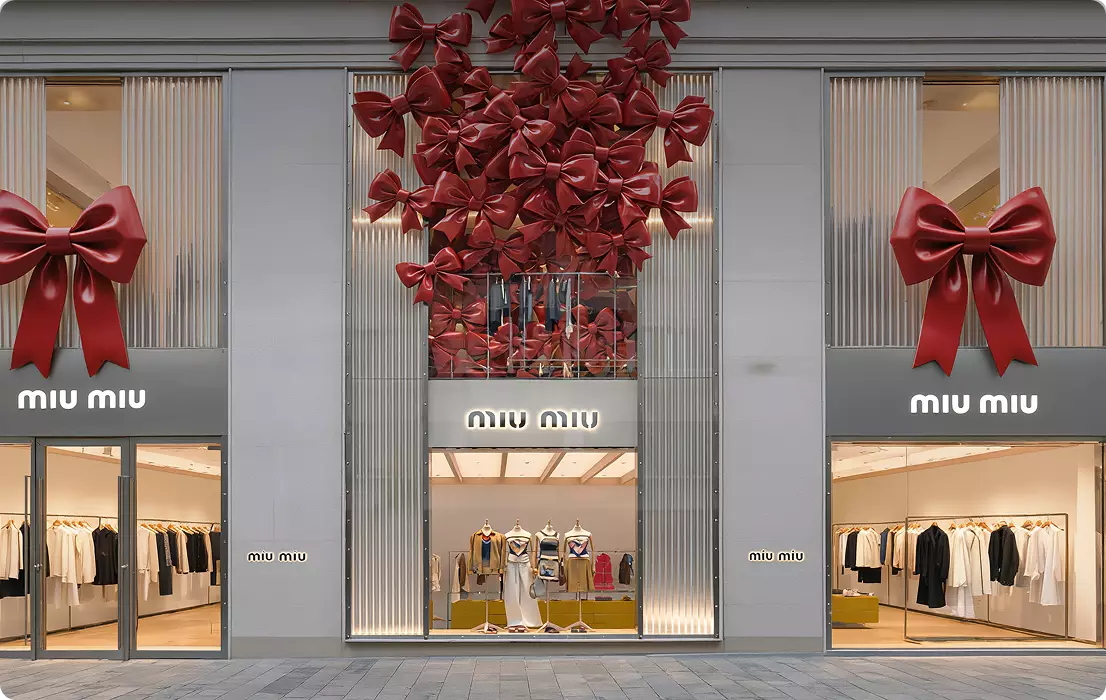 fooh advertising with large red bows covering storefront facade, retail display windows, symmetrical design